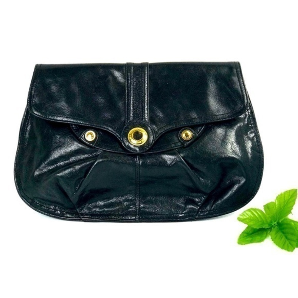 Perlina Black and Gold Leather rounded clutch bag